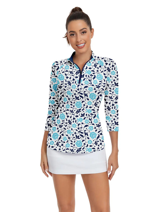 Blue  Flower Quarter-zip 3/4 Sleeve Golf Shirt For Women