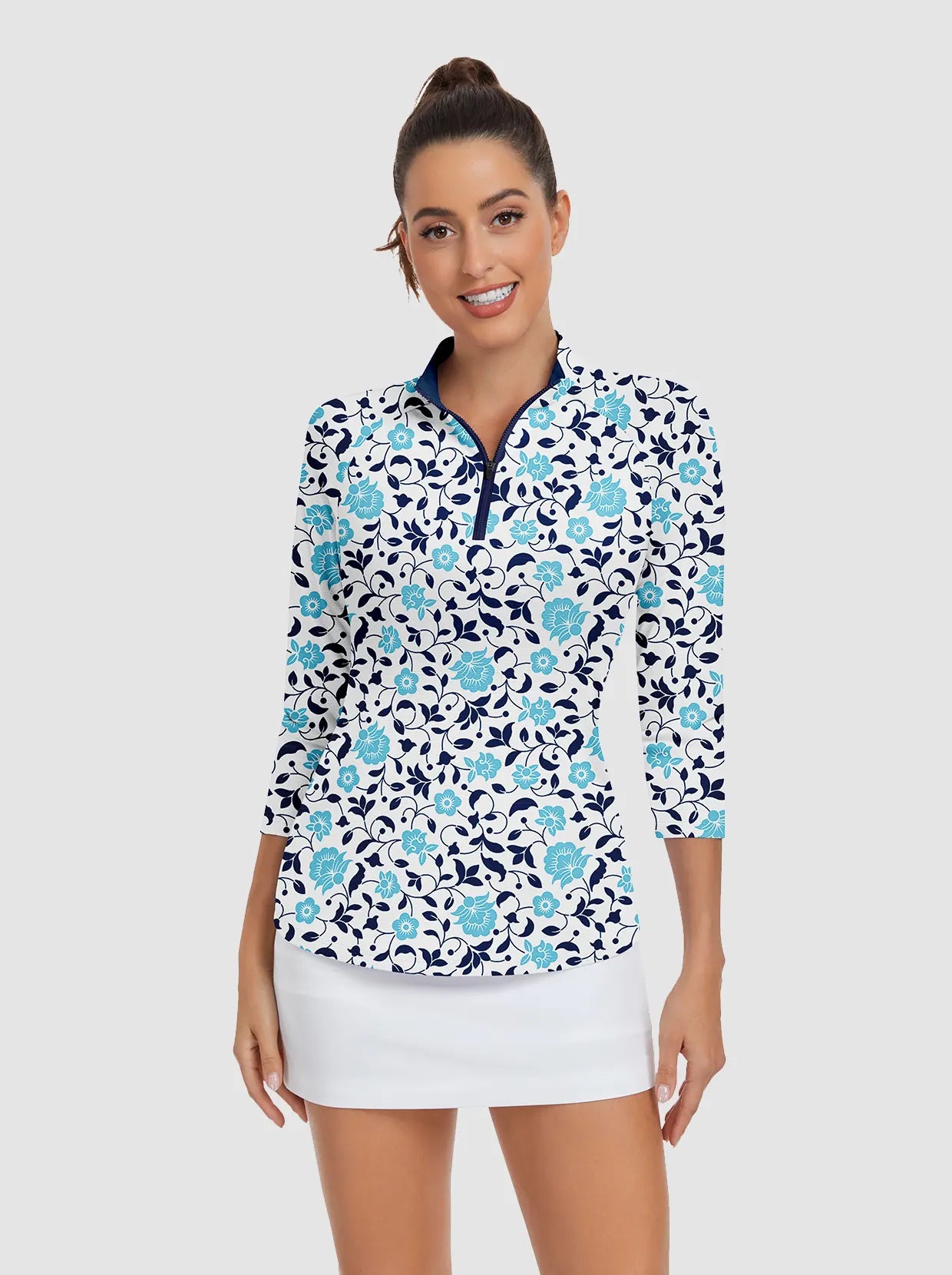 Blue Flower Quarter-zip 3/4 Sleeve Golf Shirt For Women