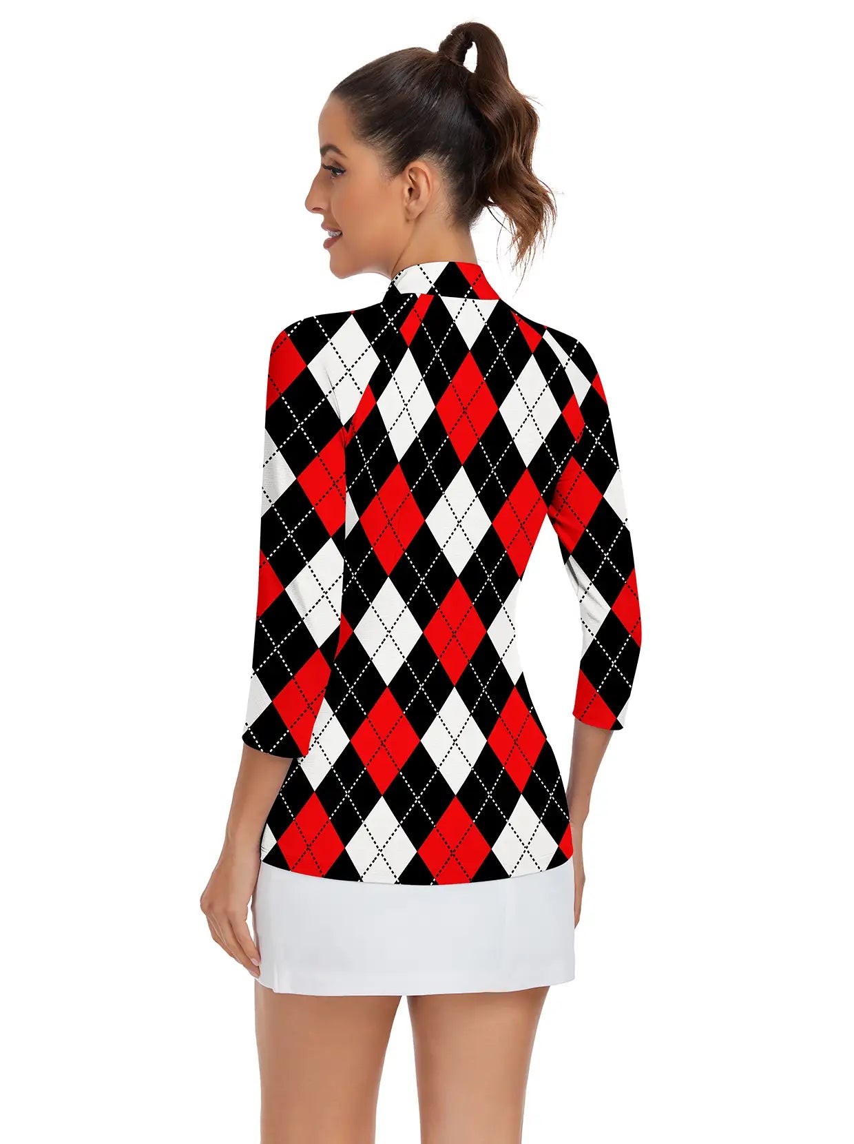 Red and Black Checkerboard Quarter-zip 3/4 Sleeve Golf Shirt For Women