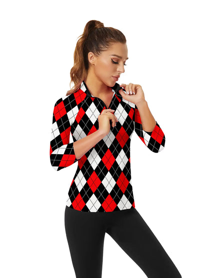 Red and Black Checkerboard Quarter-zip 3/4 Sleeve Golf Shirt For Women