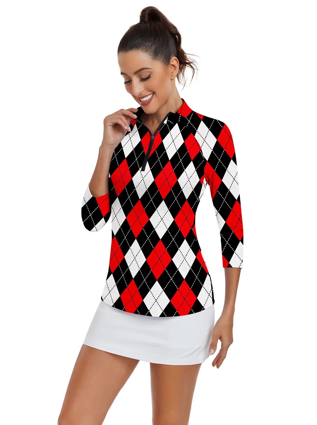 Red and Black Checkerboard Quarter-zip 3/4 Sleeve Golf Shirt For Women