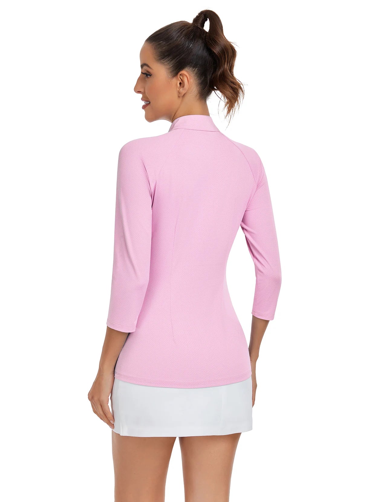 Solid Pink Quarter-zip 3/4 Sleeve Golf Shirt For Women