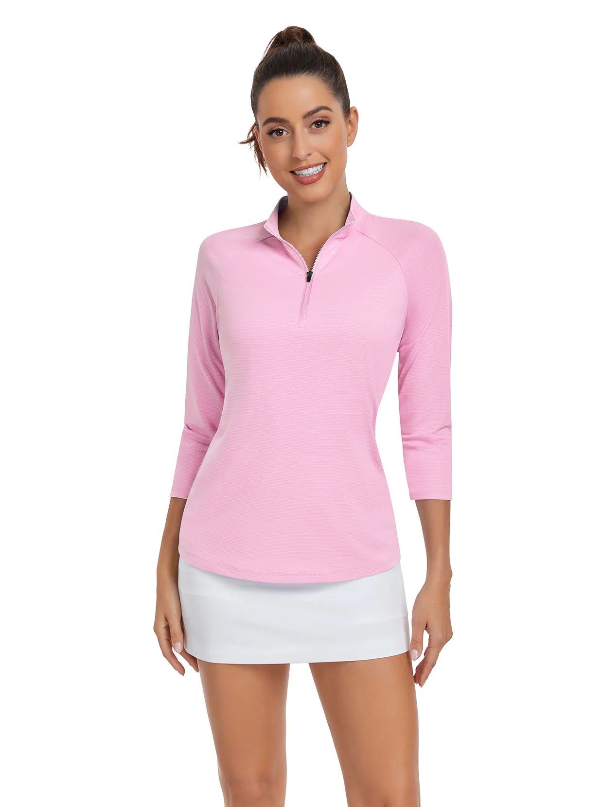 Solid Pink Quarter-zip 3/4 Sleeve Golf Shirt For Women 