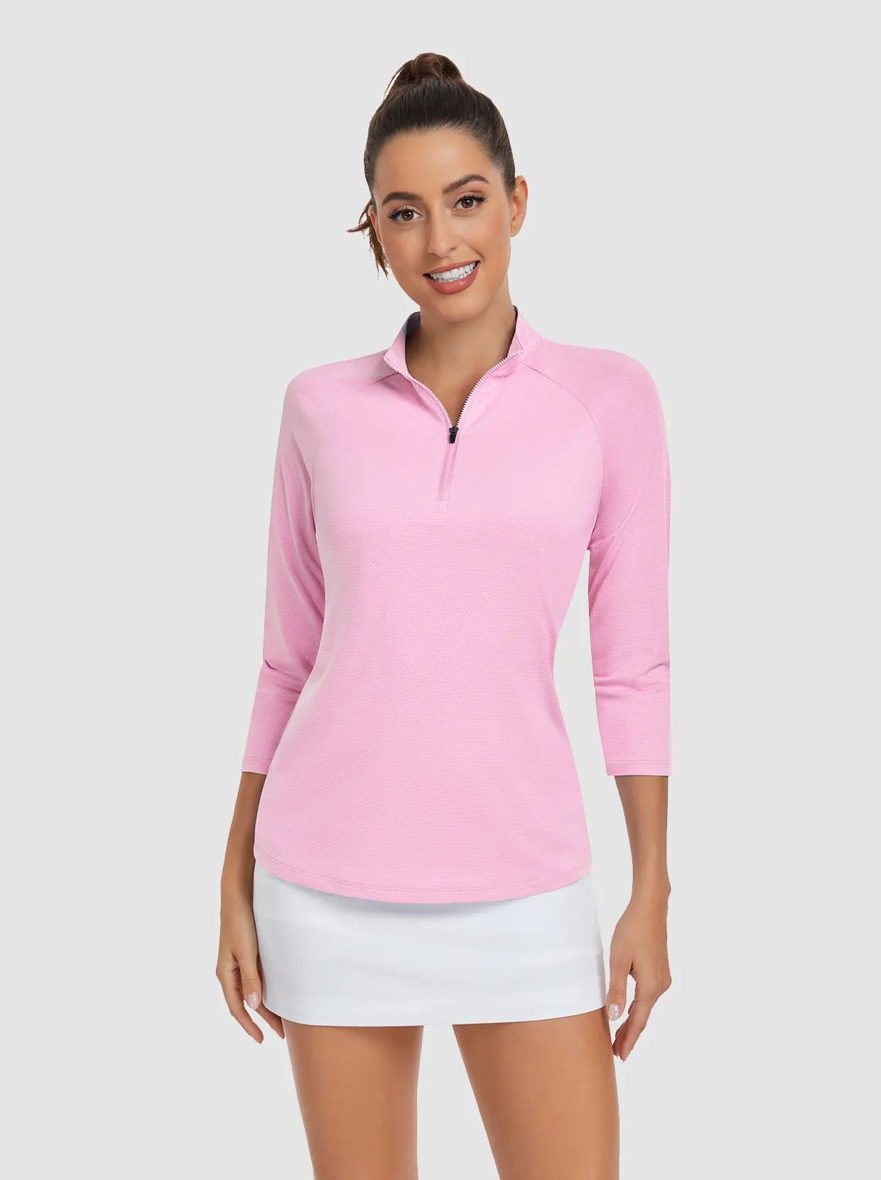 Solid Pink Quarter-zip 3/4 Sleeve Golf Shirt For Women