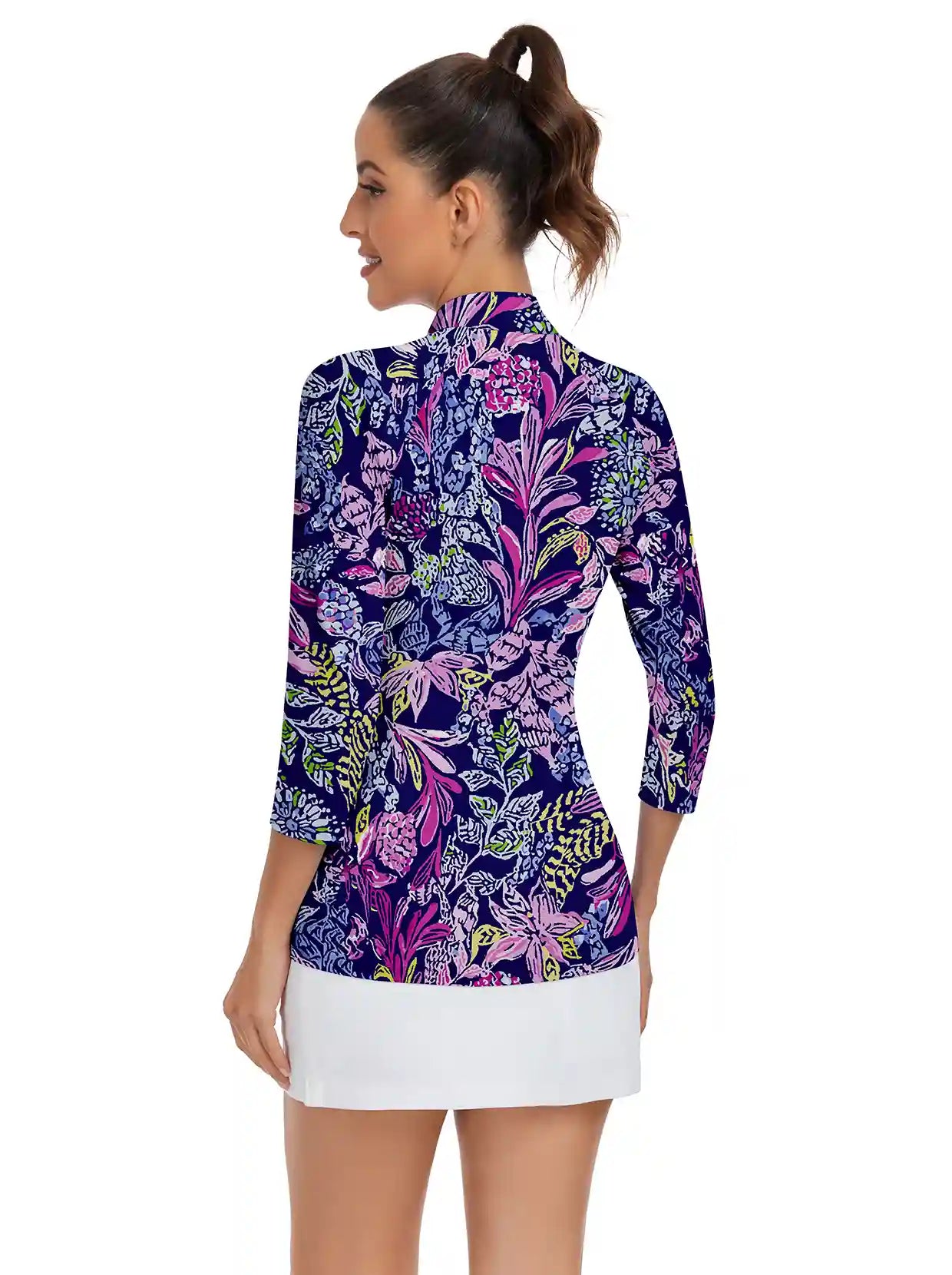 Purple and blue Floral Quarter-zip 3/4 Sleeve Shirt For Women