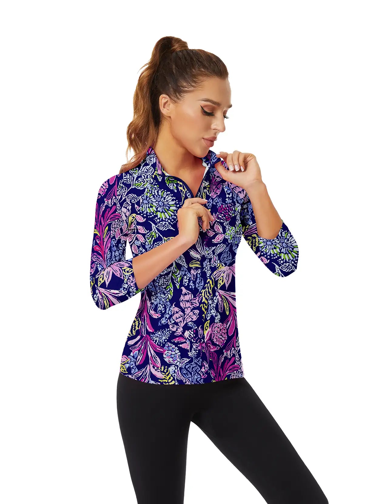 Purple and blue Floral Quarter-zip 3/4 Sleeve Shirt For Women