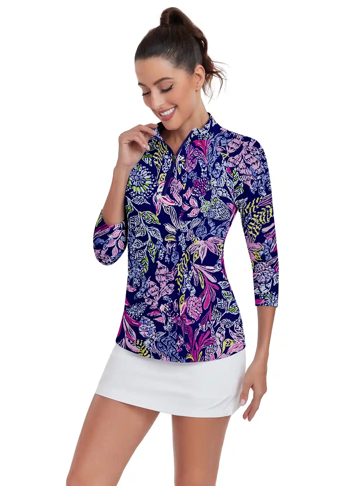 Purple and blue Floral Quarter-zip 3/4 Sleeve Shirt For Women