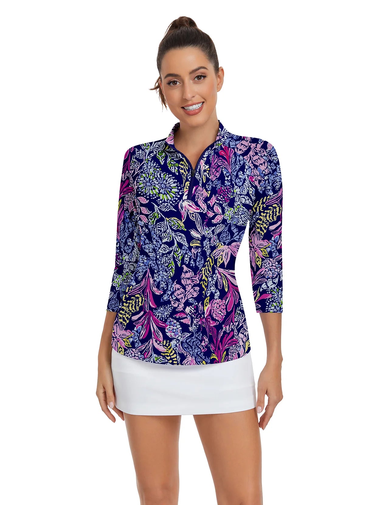 Purple and blue Floral Quarter-zip 3/4 Sleeve Shirt For Women 