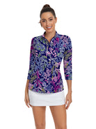 Purple and blue Floral Quarter-zip 3/4 Sleeve Shirt For Women 