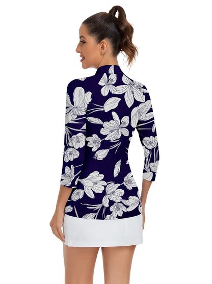 White Floral Quarter-zip 3/4 Sleeve Shirt For Women