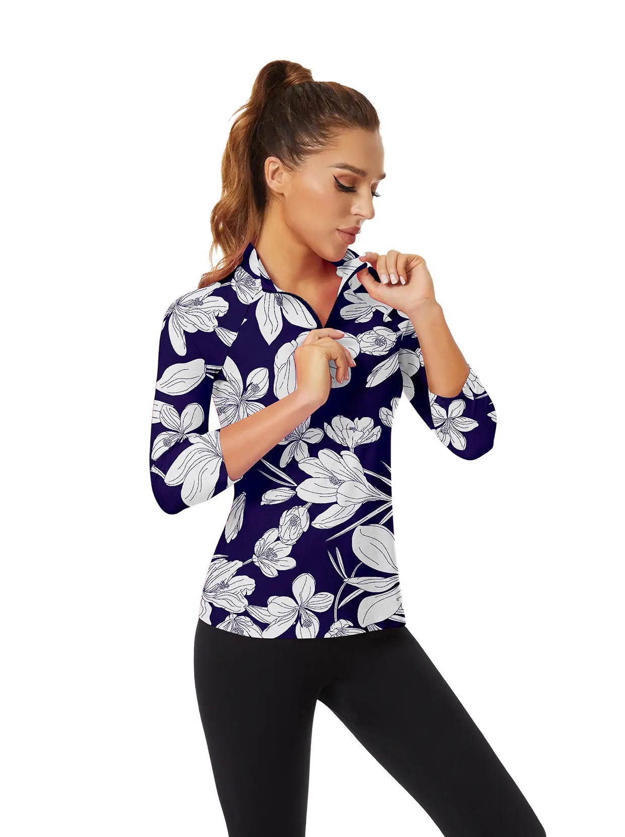 White Floral Quarter-zip 3/4 Sleeve Shirt For Women