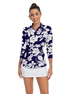 White Floral Quarter-zip 3/4 Sleeve Shirt For Women 