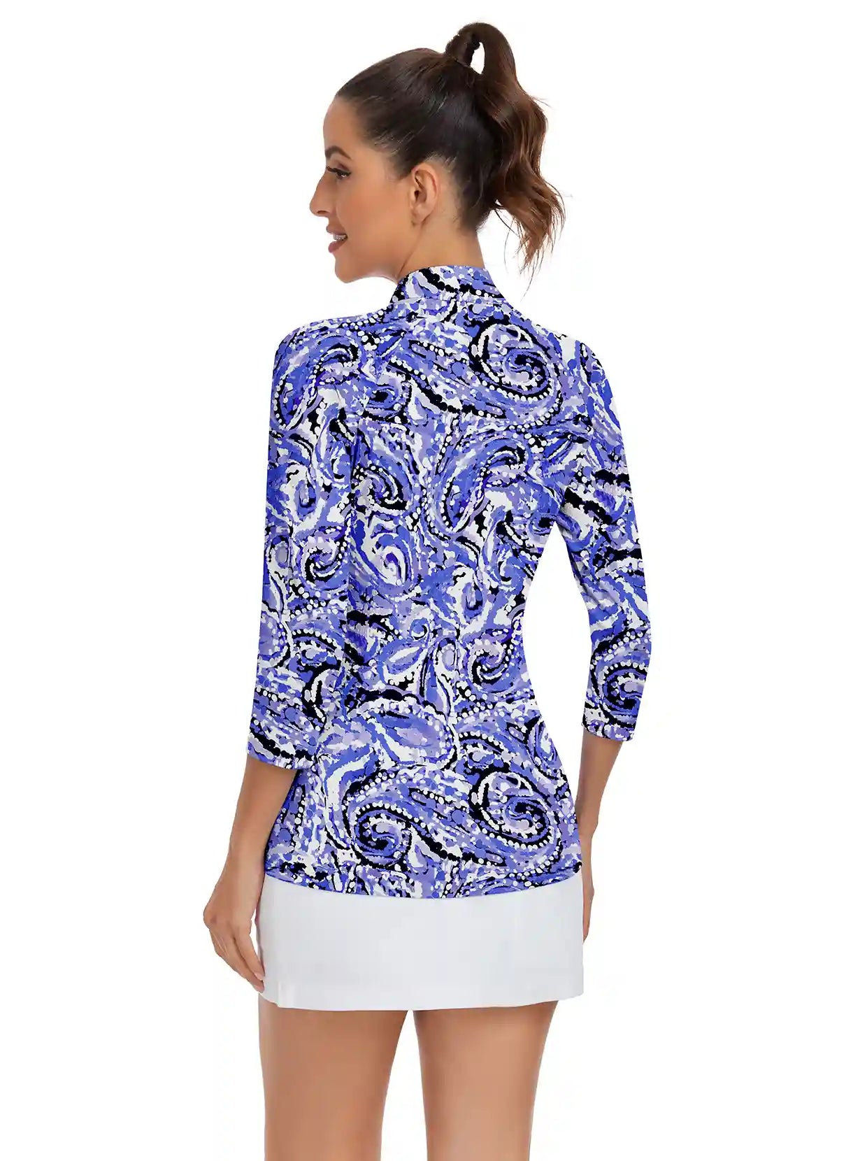 Abstract Print Quarter-zip 3/4 Sleeve Golf Shirt For Women