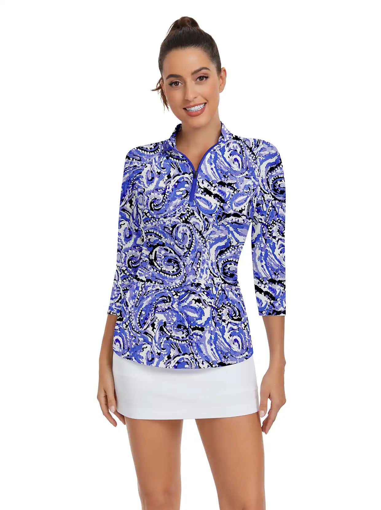 Abstract Print Quarter-zip 3/4 Sleeve Golf Shirt For Women 