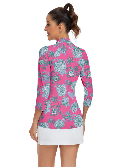 Blue Lotus Print Quarter-zip 3/4 Sleeve Golf Shirt For Women