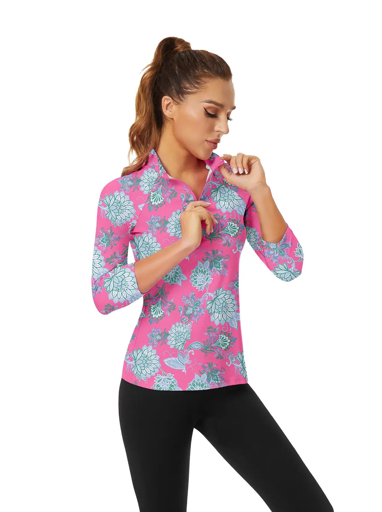 Blue Lotus Print Quarter-zip 3/4 Sleeve Golf Shirt For Women