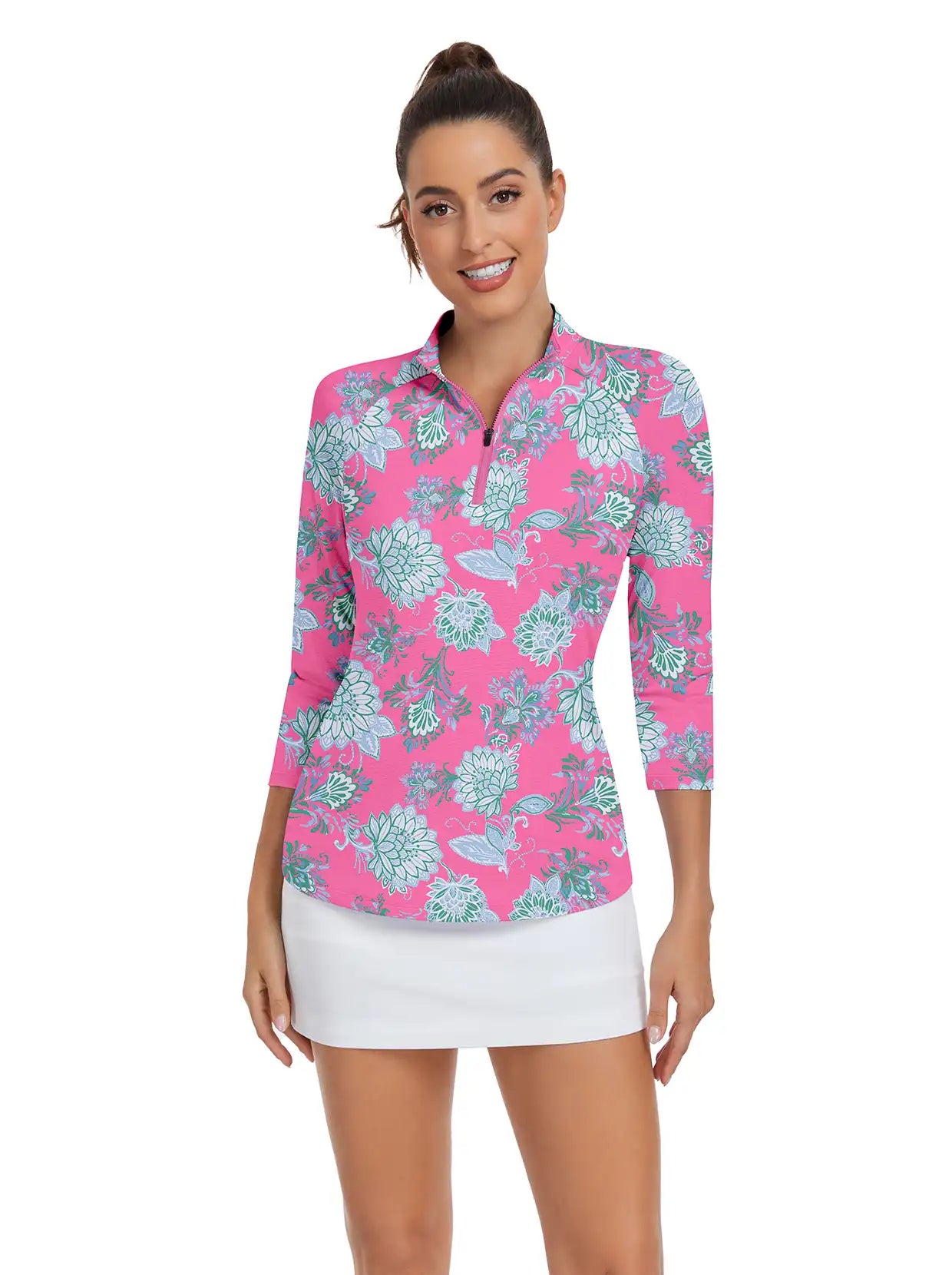 Blue Lotus Print Quarter-zip 3/4 Sleeve Golf Shirt For Women