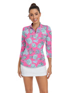 Blue Lotus Print Quarter-zip 3/4 Sleeve Golf Shirt For Women