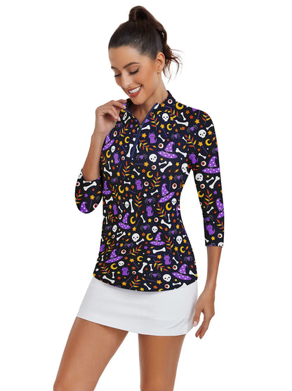 Halloween Purple Hat Quarter-zip 3/4 Sleeve Shirt For Women