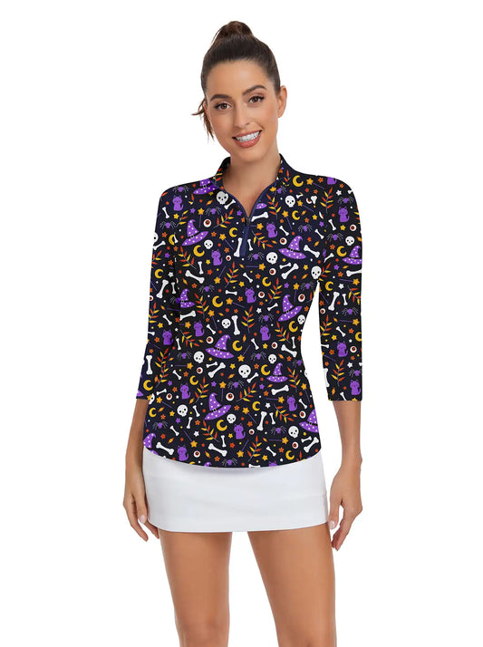 Halloween Purple Pattern Quarter-zip 3/4 Sleeve Shirt For Women 