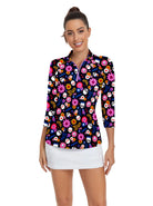 Halloween Floral and Skull Print Quarter-zip 3/4 Sleeve Shirt For Women