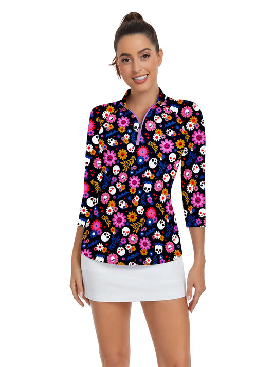 Halloween Floral and Skull Print Quarter-zip 3/4 Sleeve Shirt For Women