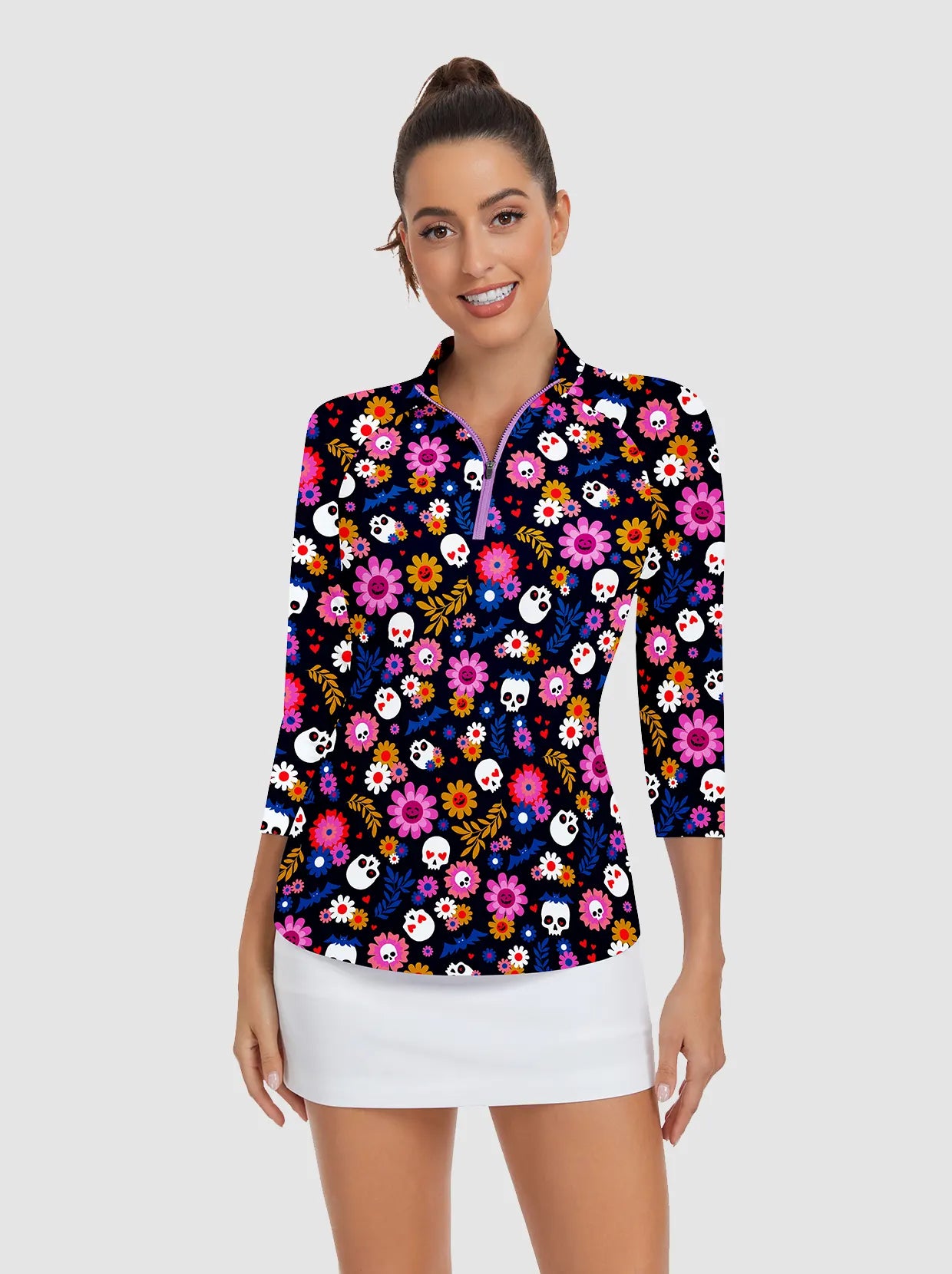 Halloween Floral and Skull Print Quarter-zip 3/4 Sleeve Shirt For Women