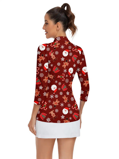 Christmas Elk Snowmen Print  Quarter-zip 3/4 Sleeve Shirt For Women