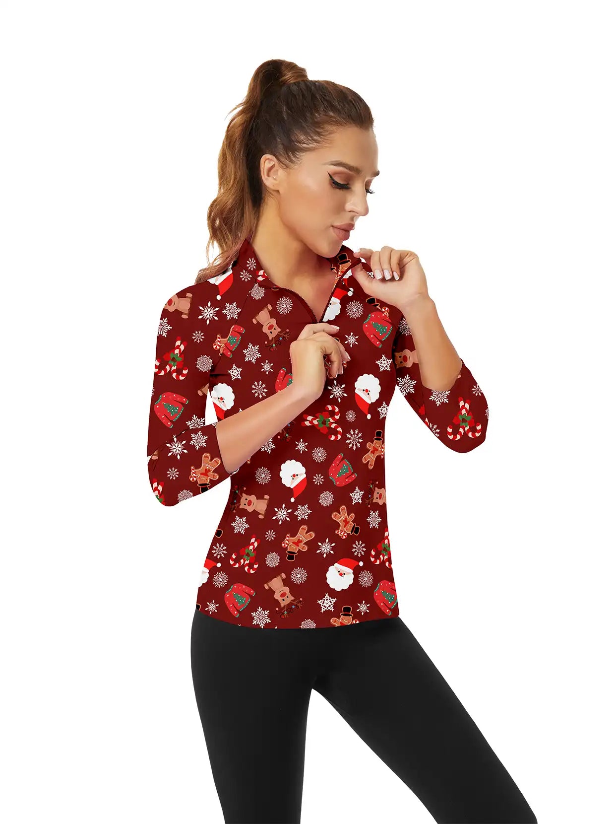 Christmas Elk Snowmen Print  Quarter-zip 3/4 Sleeve Shirt For Women