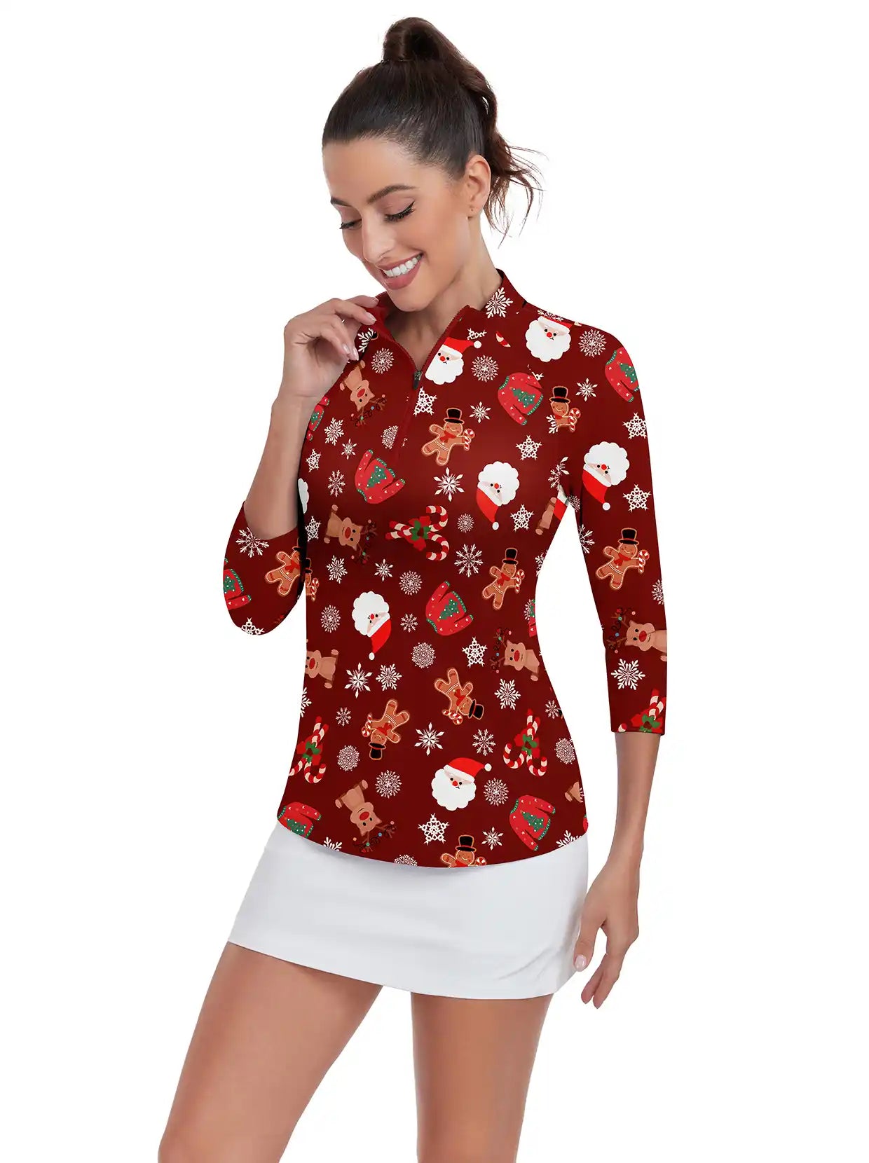 Christmas Elk Snowmen Print  Quarter-zip 3/4 Sleeve Shirt For Women