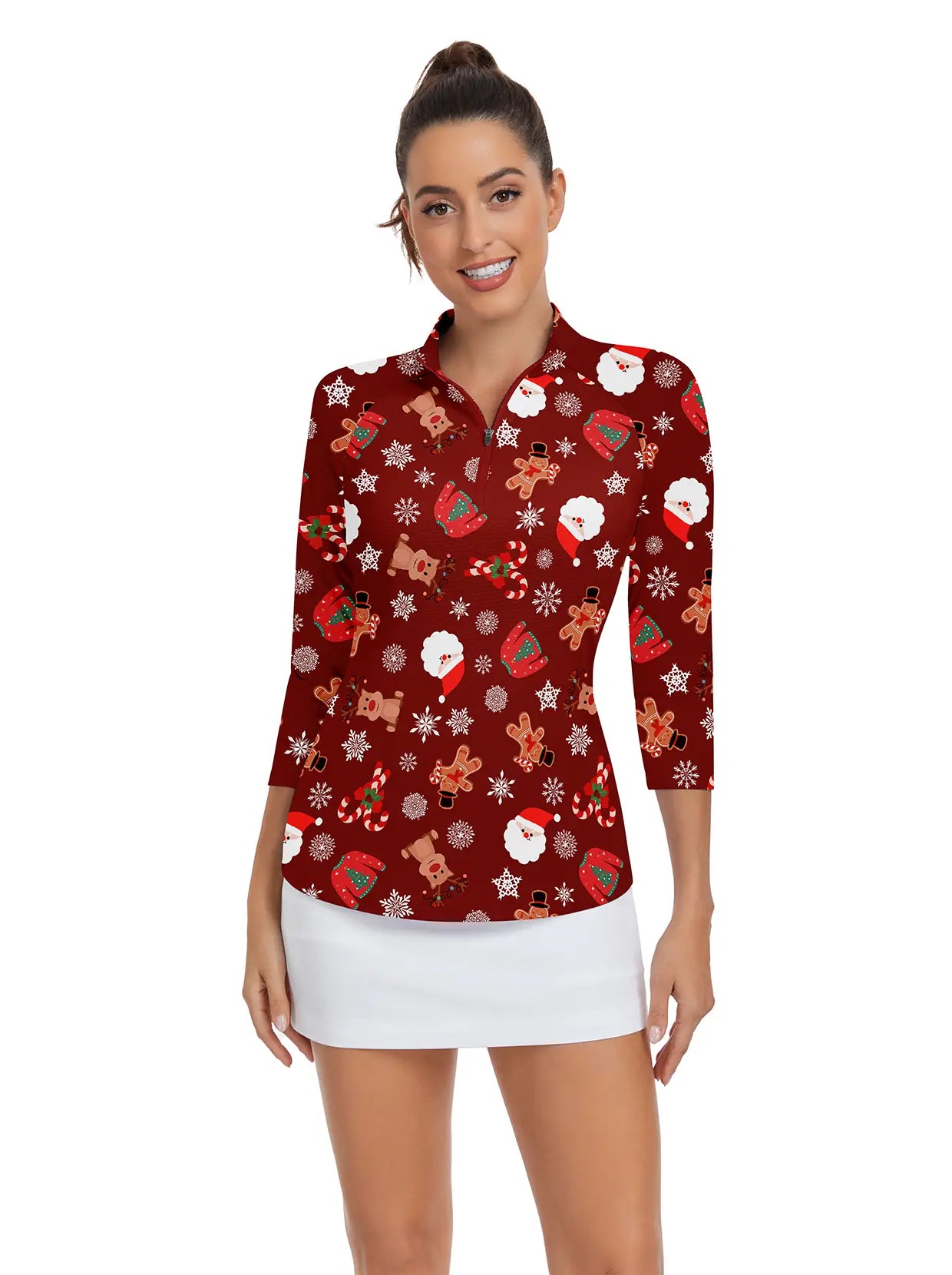 Christmas Elk Snowmen Print  Quarter-zip 3/4 Sleeve Shirt For Women