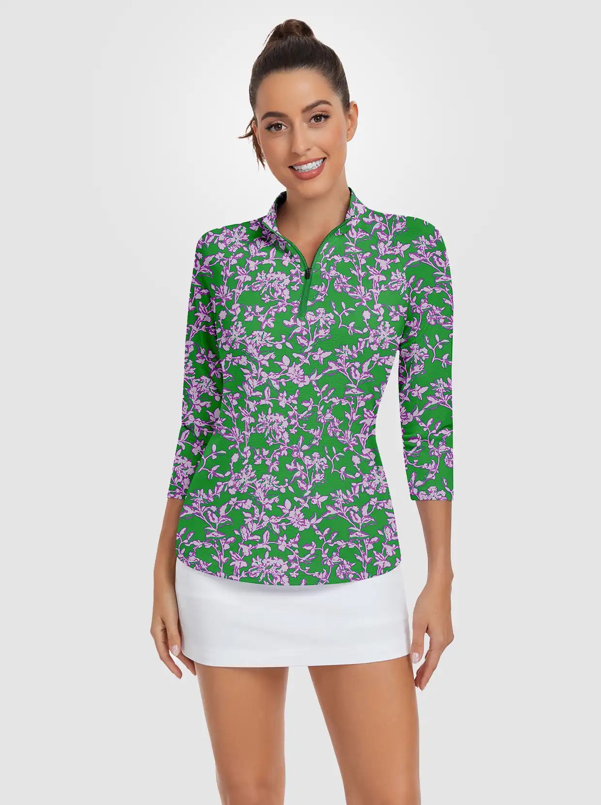 Light Purple Floral Quarter-zip 3/4 Sleeve Polo Shirt For Women 