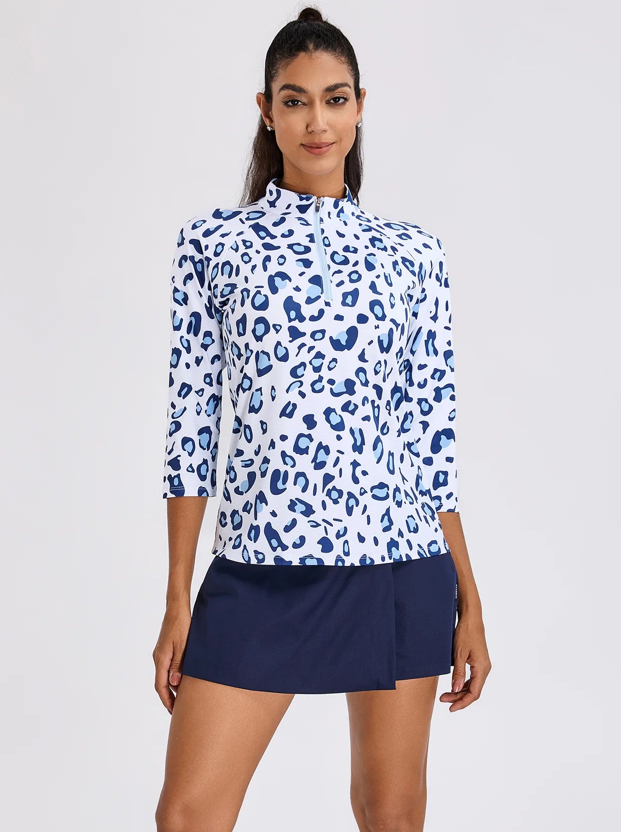 Blue Leopard Quarter-zip 3/4 Sleeve Polo Shirt For Women
