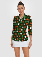 Multicolor Clover Quarter-zip 3/4 Sleeve Polo Shirt For Women