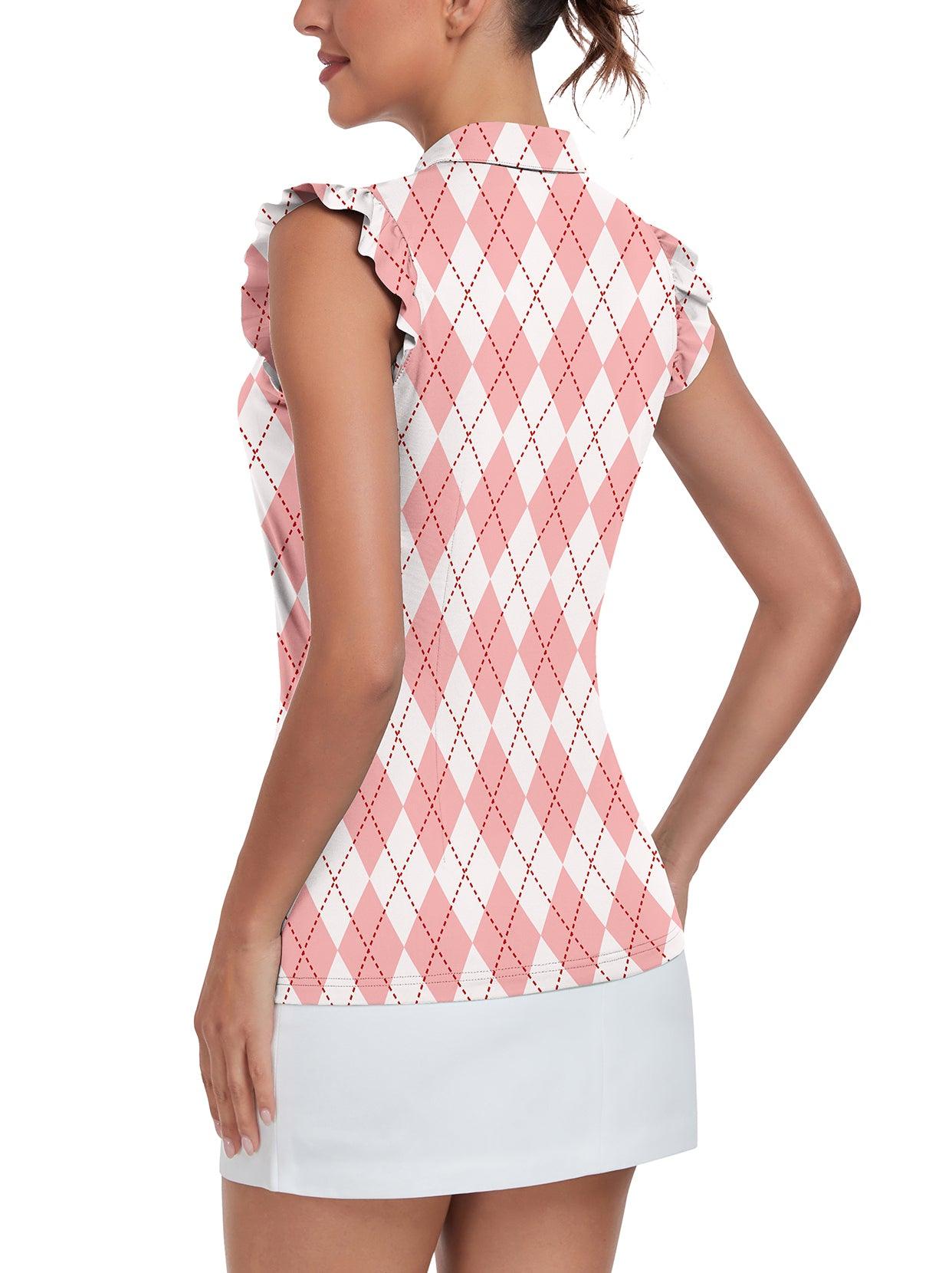 Pink and White Checkerboard Polo Shirt For Women