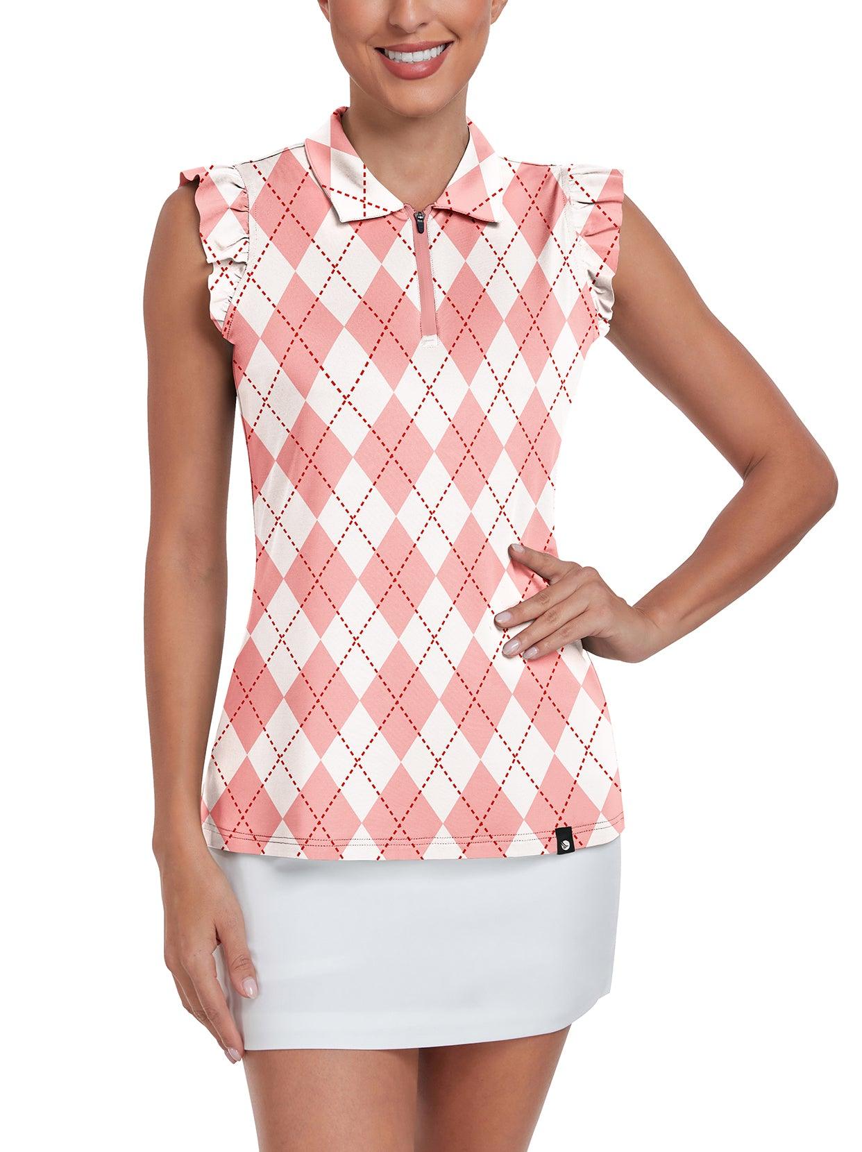 Pink and White Checkerboard Polo Shirt For Women