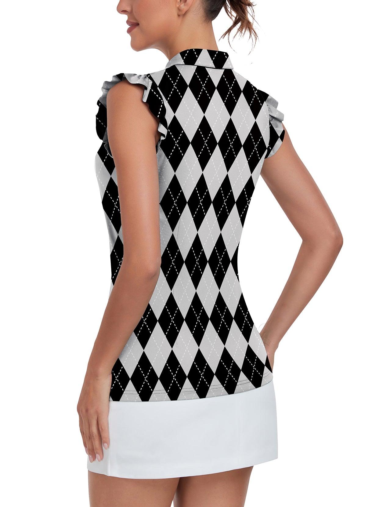 Ladies Sleeveless Golf Polo- 🏌🏿‍♀️SO® Black and White Checkerboard Ruffle Sleeve Polo Shirts Moisture Wicking Golf Apparel Tennis Shirts Golf Tank Tops