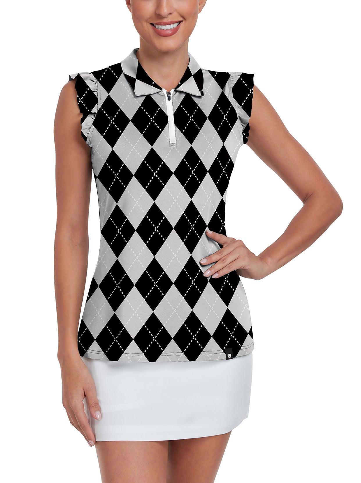 Ladies Sleeveless Golf Polo- 🏌🏿‍♀️SO® Black and White Checkerboard Ruffle Sleeve Polo Shirts Moisture Wicking Golf Apparel Tennis Shirts Golf Tank Tops