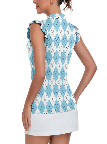 Blue and White Checkerboard Sleeveless Polo Shirt For Women