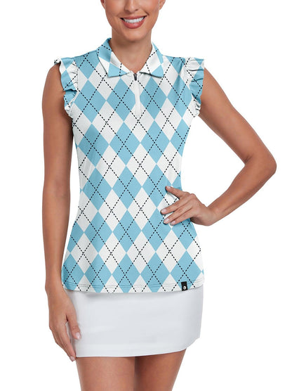 Blue and White Checkerboard Sleeveless Polo Shirt For Women