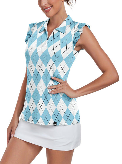 Blue and White Checkerboard Sleeveless Polo Shirt For Women