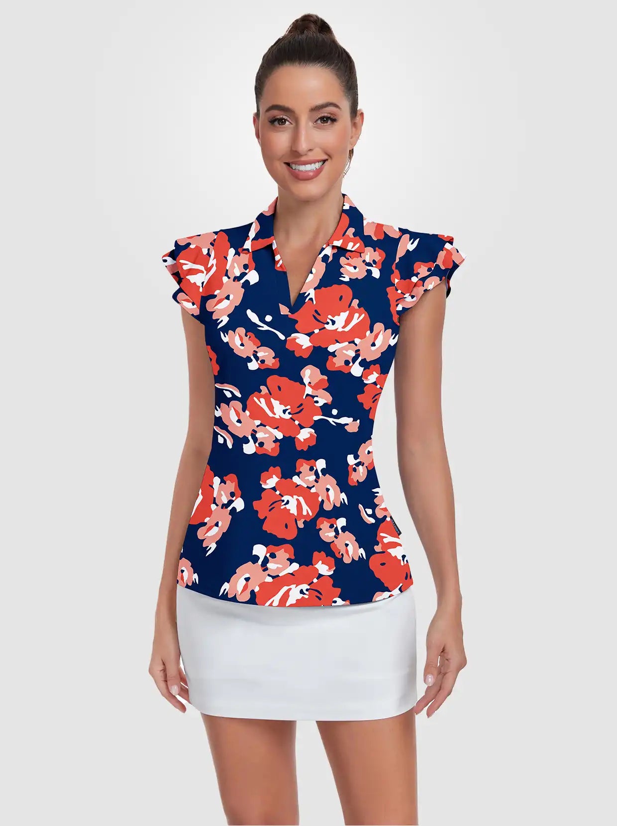 Red Floral Ruffled Sleeveless Polo Shirt For Women