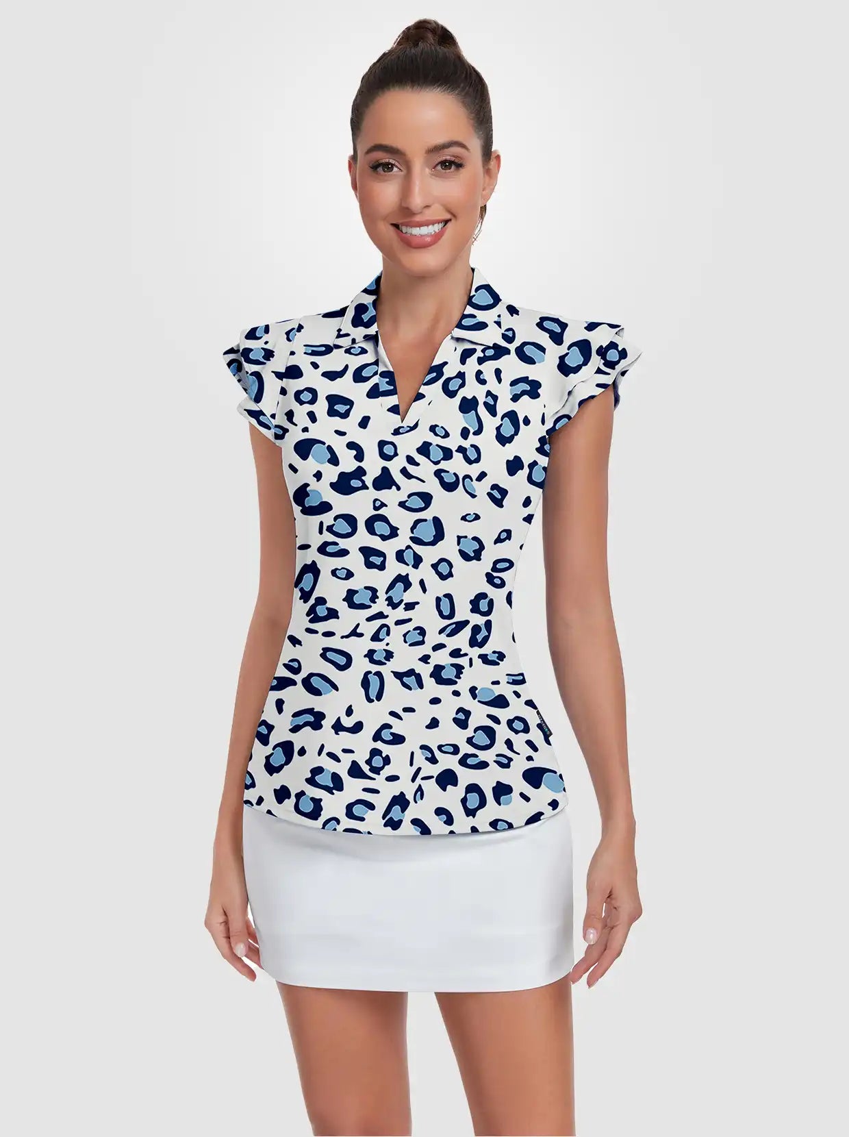 Blue Leopard Ruffled Sleeveless Polo Shirt For Women 