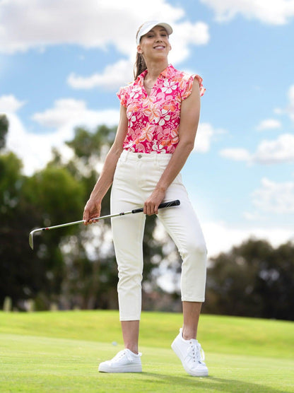 Rose and Yellow Flower Ruffle Sleeve Golf Top | Suitable for Summer Party