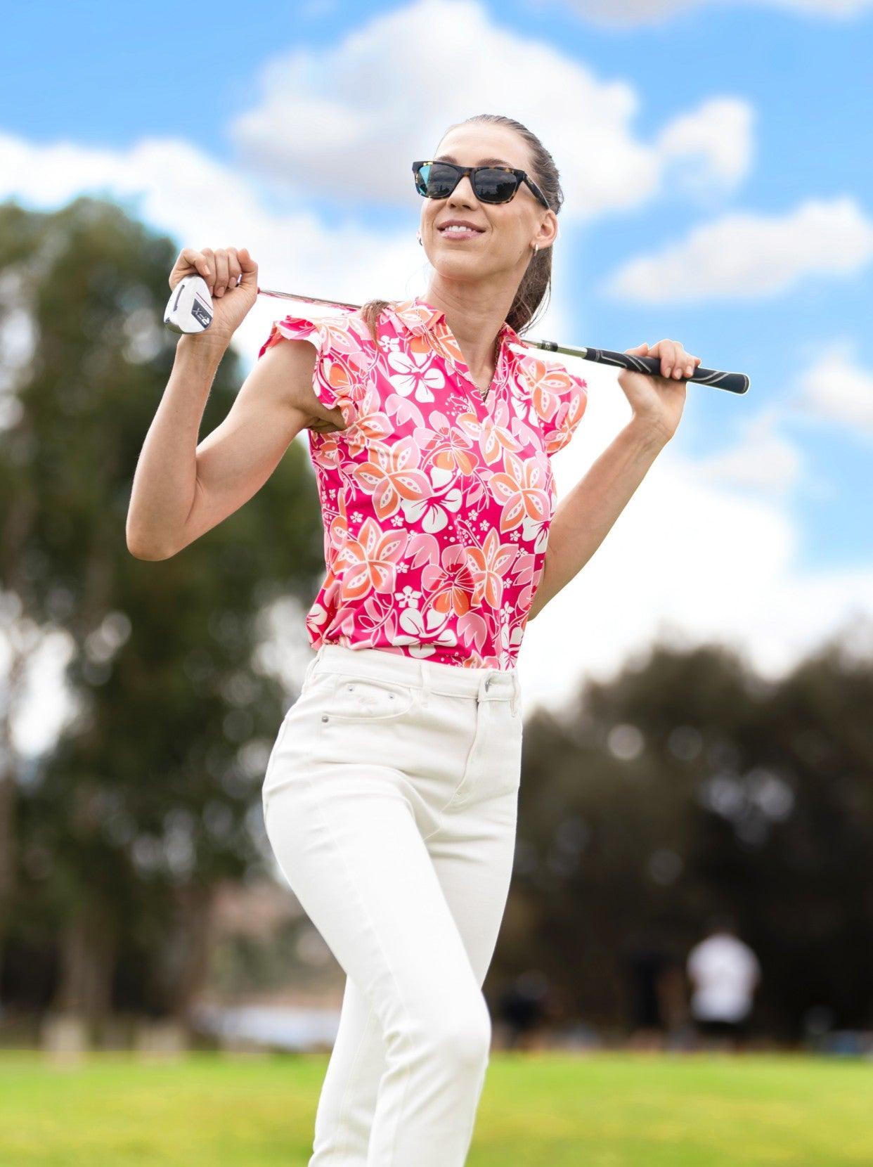 Rose and Yellow Flower Ruffle Sleeve Golf Top | Suitable for Summer Party