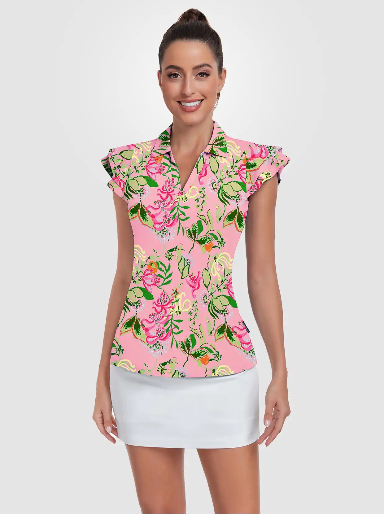 Pink Flower Ruffled Sleeveless Polo Shirt For Women