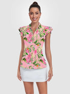 Pink Flower Ruffled Sleeveless Polo Shirt For Women