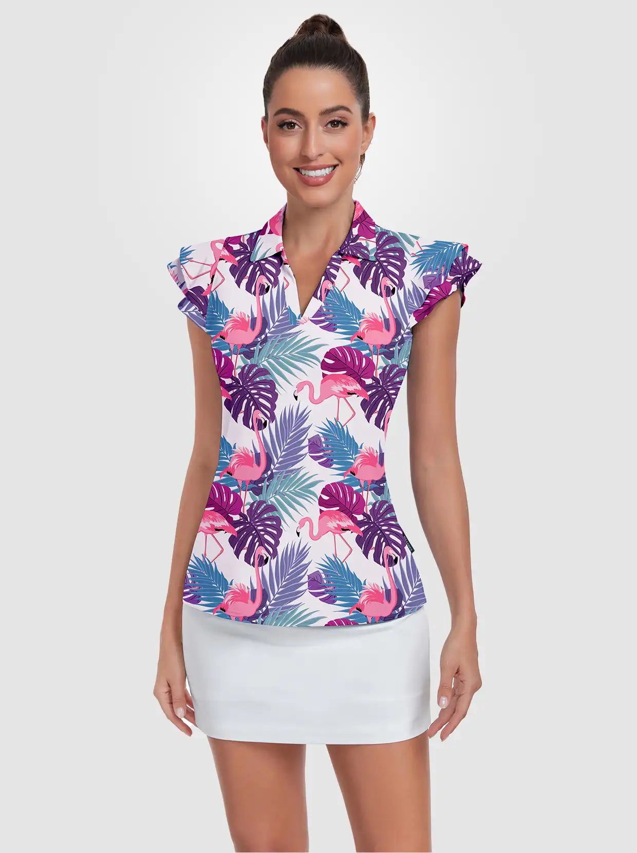 Flamingo Ruffled Sleeveless Polo Shirt For Women