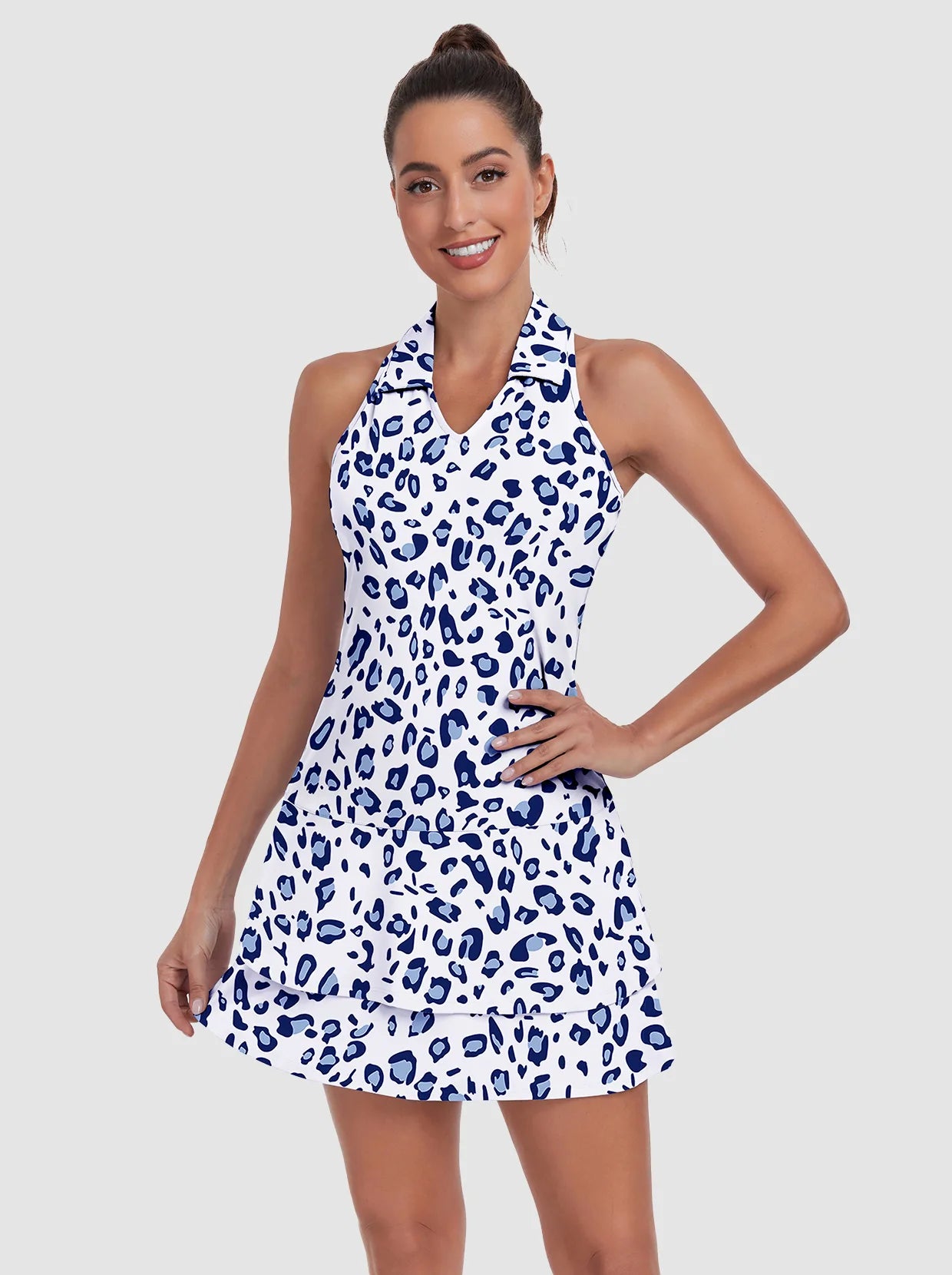 Blue Leopard V-neck Racerback Sleeveless Dress with Shorts