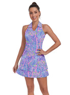 Blue Botanical V-neck Racerback Sleeveless Dress with Shorts 